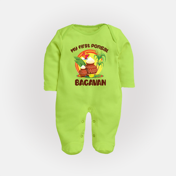 My First Pongal – Classic Pot Illustration | Customized Fullbody Suit for baby - LIME GREEN - New Born (Chest 7.5")