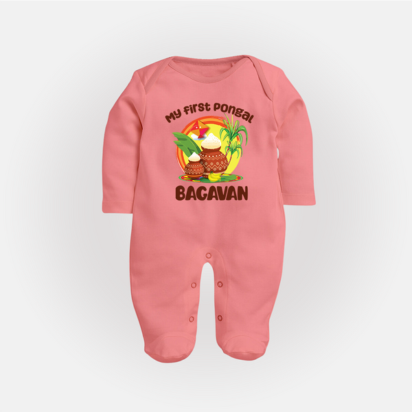 My First Pongal – Classic Pot Illustration | Customized Fullbody Suit for baby - PEACH - New Born (Chest 7.5")
