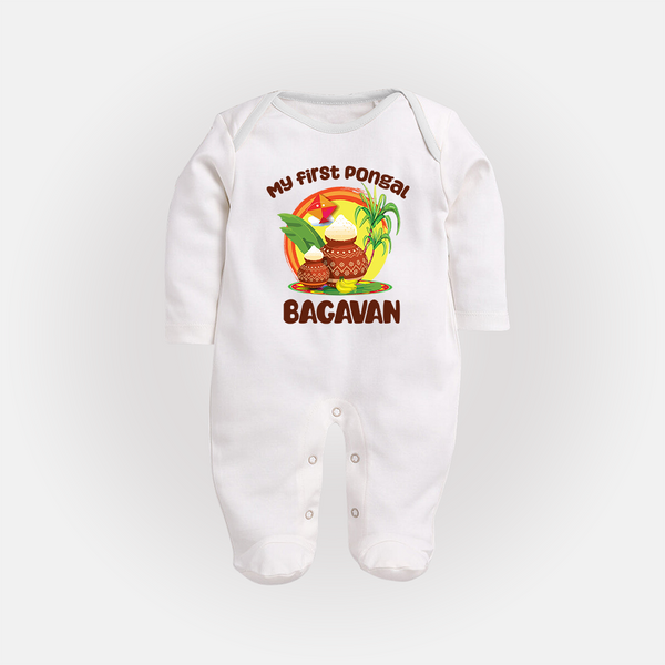 My First Pongal – Classic Pot Illustration | Customized Fullbody Suit for baby - WHITE - New Born (Chest 7.5")