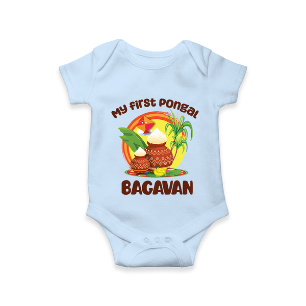 My First Pongal – Classic Pot Illustration | Customized Romper for baby - BABY BLUE - New Born (Chest 14")