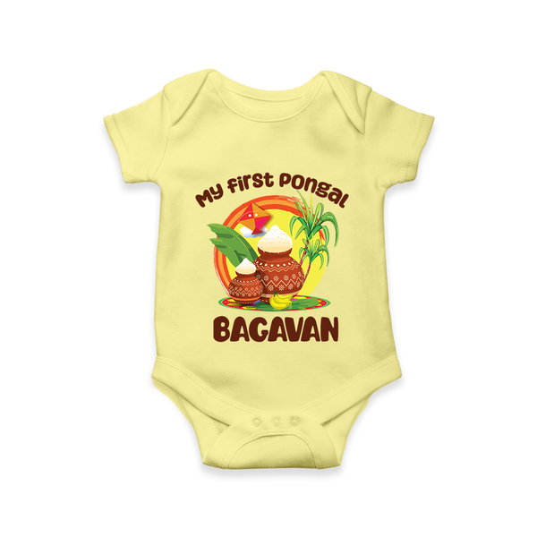 My First Pongal – Classic Pot Illustration | Customized Romper for baby - PASTEL YELLOW - New Born (Chest 14")