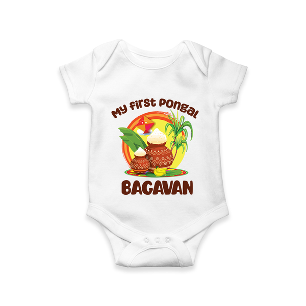 My First Pongal – Classic Pot Illustration | Customized Romper for baby - WHITE - New Born (Chest 14")