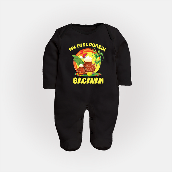 My First Pongal – Classic Pot Illustration | Customized Fullbody Suit for baby - BLACK - New Born (Chest 7.5")