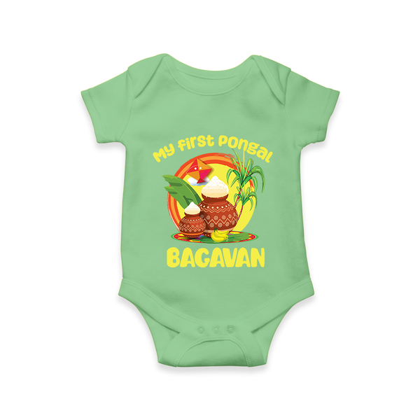 My First Pongal – Classic Pot Illustration | Customized Romper for baby - GREEN - New Born (Chest 14")