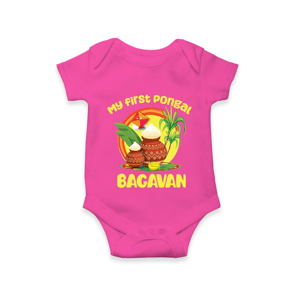 My First Pongal – Classic Pot Illustration | Customized Romper for baby - HOT PINK - New Born (Chest 14")