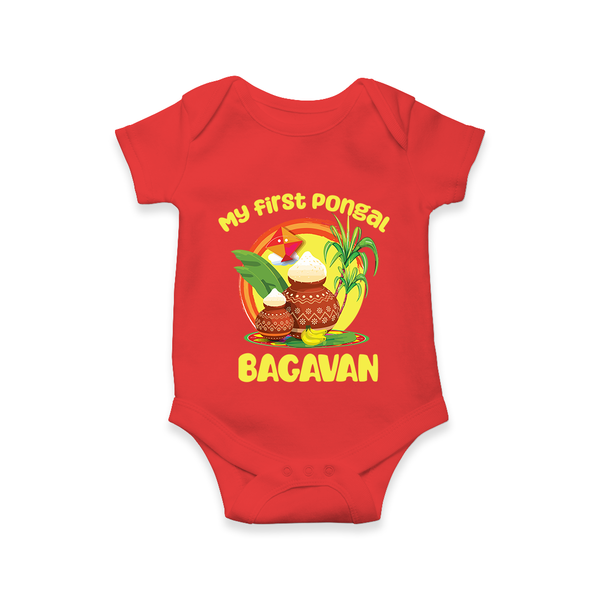 My First Pongal – Classic Pot Illustration | Customized Romper for baby - RED - New Born (Chest 14")