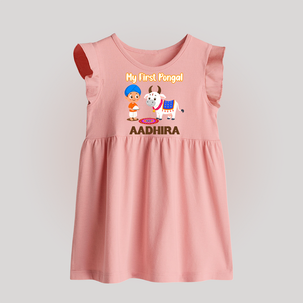 My First Pongal – Kid with Cow Cartoon | Customized Baby frock for baby - BABY PINK - 0 - 3 Months Old (Chest 17")