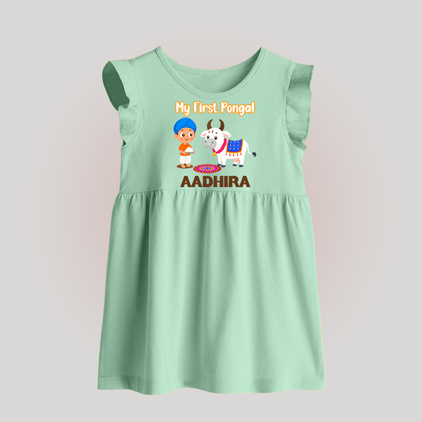 My First Pongal – Kid with Cow Cartoon | Customized Baby frock for baby - MINT GREEN - 0 - 3 Months Old (Chest 17")
