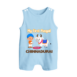 My First Pongal – Kid with Cow Cartoon | Customized Romper  Suit for baby - BABY BLUE - 0 - 5 Months Old (Chest 18")