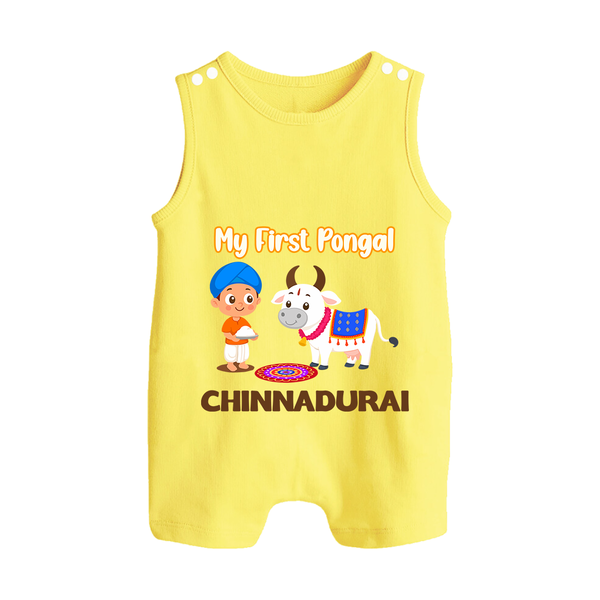 My First Pongal – Kid with Cow Cartoon | Customized Romper  Suit for baby - PASTEL YELLOW - 0 - 5 Months Old (Chest 18")