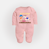My First Pongal – Kid with Cow Cartoon | Customized Fullbody Suit for baby - BABY PINK - New Born (Chest 7.5")