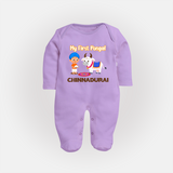 My First Pongal – Kid with Cow Cartoon | Customized Fullbody Suit for baby - LILAC - New Born (Chest 7.5")