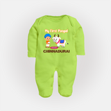 My First Pongal – Kid with Cow Cartoon | Customized Fullbody Suit for baby - LIME GREEN - New Born (Chest 7.5")