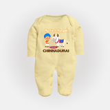 My First Pongal – Kid with Cow Cartoon | Customized Fullbody Suit for baby - PASTEL YELLOW - New Born (Chest 7.5")