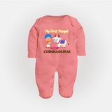My First Pongal – Kid with Cow Cartoon | Customized Fullbody Suit for baby - PEACH - New Born (Chest 7.5")