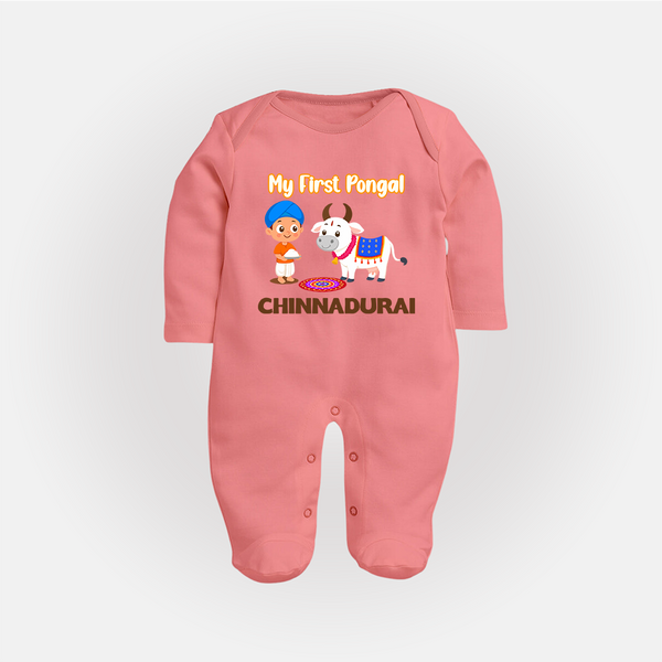 My First Pongal – Kid with Cow Cartoon | Customized Fullbody Suit for baby - PEACH - New Born (Chest 7.5")
