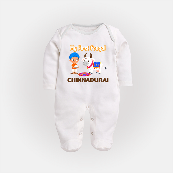 My First Pongal – Kid with Cow Cartoon | Customized Fullbody Suit for baby - WHITE - New Born (Chest 7.5")