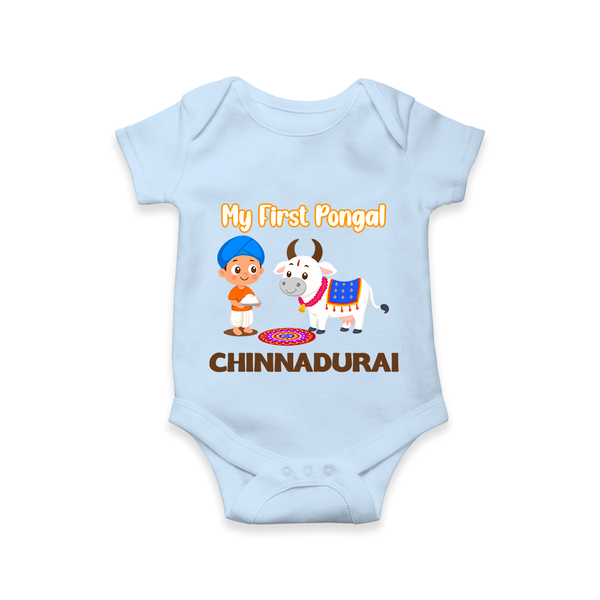 My First Pongal – Kid with Cow Cartoon | Customized Romper for baby - BABY BLUE - New Born (Chest 14")