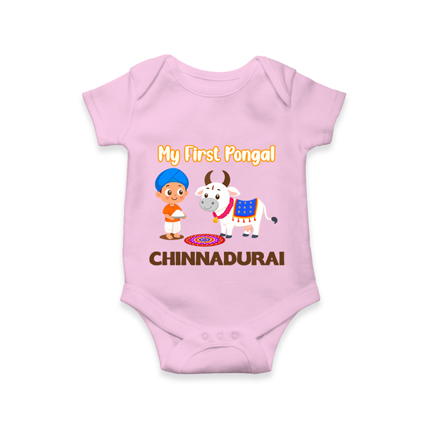 My First Pongal – Kid with Cow Cartoon | Customized Romper for baby - BABY PINK - New Born (Chest 14")