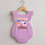 My First Pongal – Kid with Cow Cartoon | Customized Romper frock for baby - BABY PINK - 0 - 3 Months Old (Chest 19")
