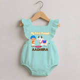 My First Pongal – Kid with Cow Cartoon | Customized Romper frock for baby - MINT GREEN - 0 - 3 Months Old (Chest 19")