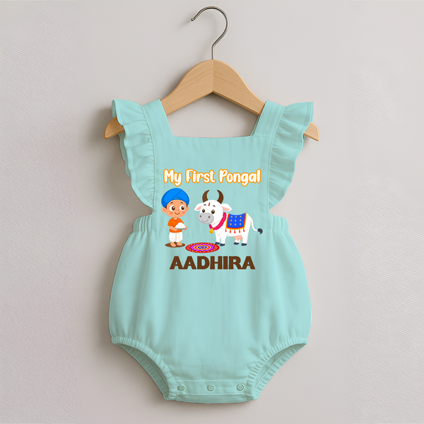 My First Pongal – Kid with Cow Cartoon | Customized Romper frock for baby - MINT GREEN - 0 - 3 Months Old (Chest 19")