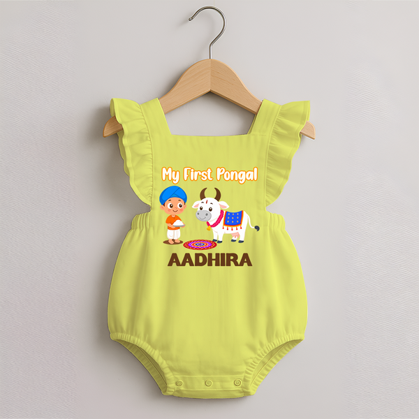 My First Pongal – Kid with Cow Cartoon | Customized Romper frock for baby - PASTEL YELLOW - 0 - 3 Months Old (Chest 19")