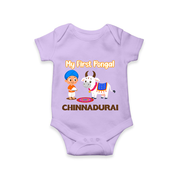 My First Pongal – Kid with Cow Cartoon | Customized Romper for baby - LILAC - New Born (Chest 14")