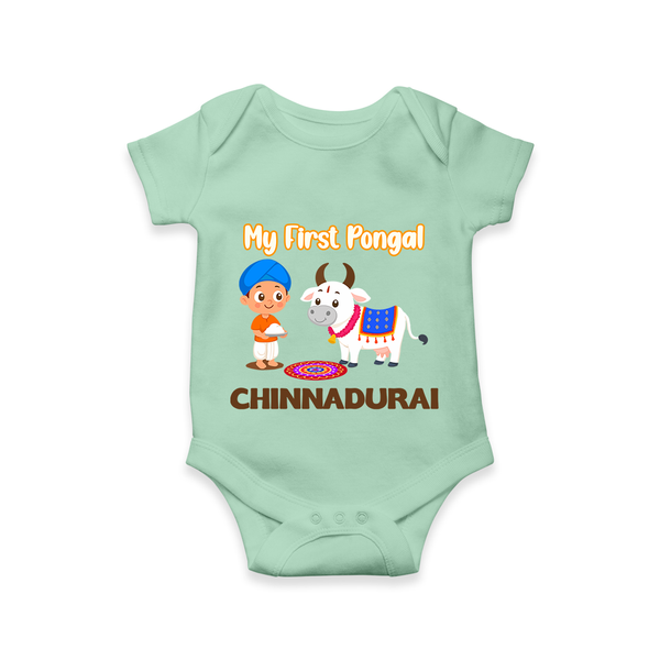 My First Pongal – Kid with Cow Cartoon | Customized Romper for baby - MINT GREEN - New Born (Chest 14")