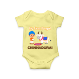 My First Pongal – Kid with Cow Cartoon | Customized Romper for baby - PASTEL YELLOW - New Born (Chest 14")
