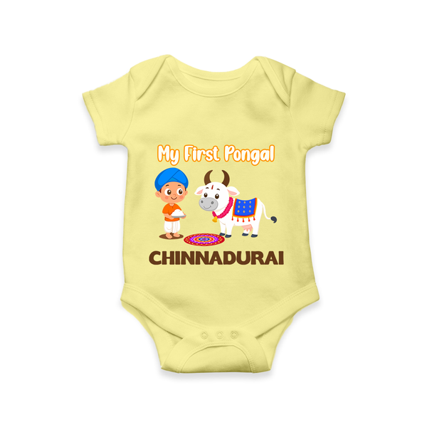 My First Pongal – Kid with Cow Cartoon | Customized Romper for baby - PASTEL YELLOW - New Born (Chest 14")