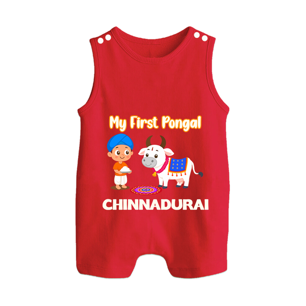 My First Pongal – Kid with Cow Cartoon | Customized Romper  Suit for baby - RED - 0 - 5 Months Old (Chest 18")