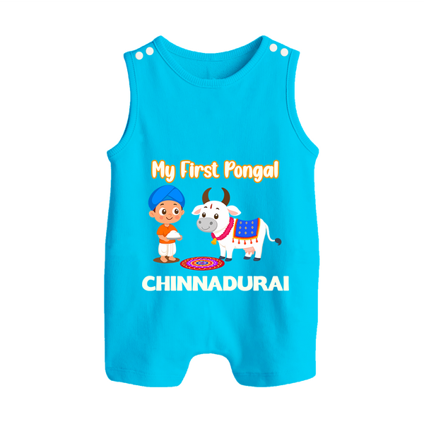 My First Pongal – Kid with Cow Cartoon | Customized Romper  Suit for baby - SKY BLUE - 0 - 5 Months Old (Chest 18")