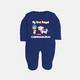 My First Pongal – Kid with Cow Cartoon | Customized Fullbody Suit for baby - NAVY BLUE - New Born (Chest 7.5")