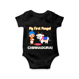 My First Pongal – Kid with Cow Cartoon | Customized Romper for baby - BLACK - New Born (Chest 14")