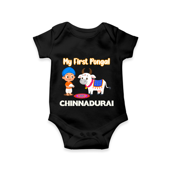 My First Pongal – Kid with Cow Cartoon | Customized Romper for baby - BLACK - New Born (Chest 14")