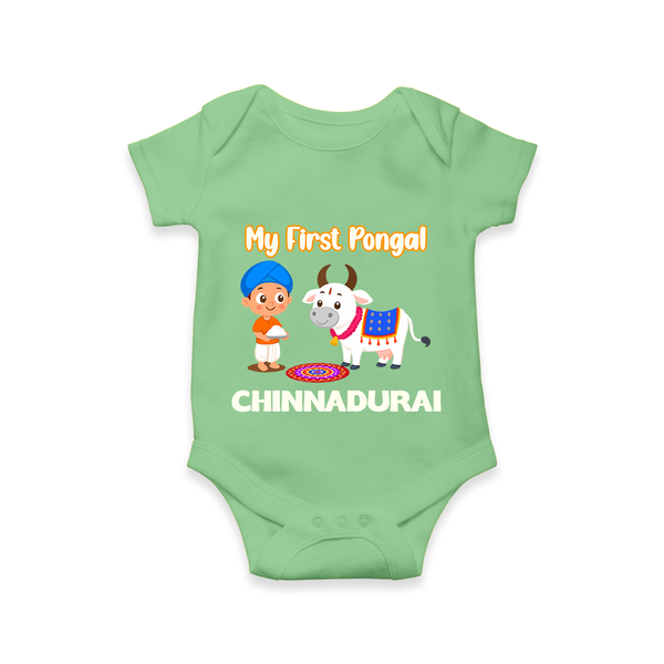 My First Pongal – Kid with Cow Cartoon | Customized Romper for baby - GREEN - New Born (Chest 14")