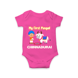 My First Pongal – Kid with Cow Cartoon | Customized Romper for baby - HOT PINK - New Born (Chest 14")