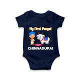 My First Pongal – Kid with Cow Cartoon | Customized Romper for baby - NAVY BLUE - New Born (Chest 14")