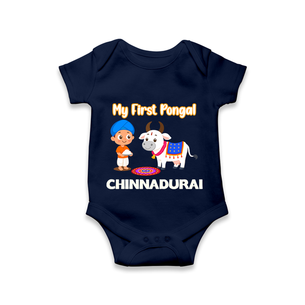 My First Pongal – Kid with Cow Cartoon | Customized Romper for baby - NAVY BLUE - New Born (Chest 14")