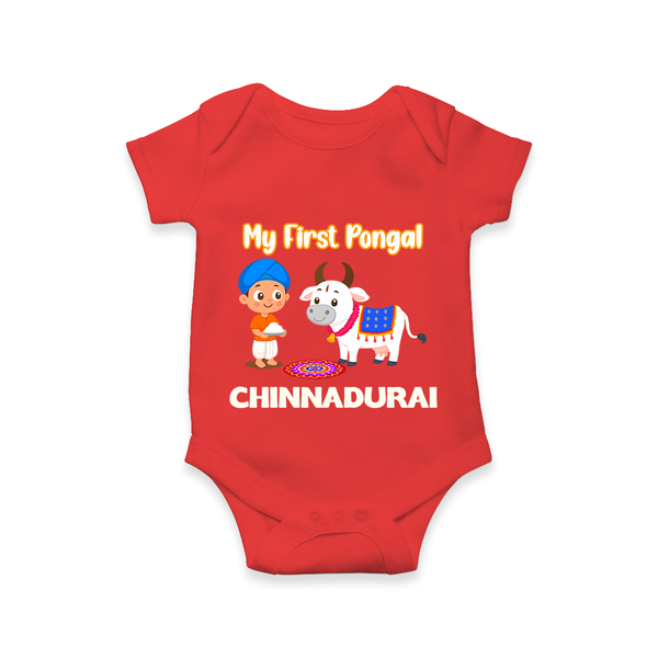 My First Pongal – Kid with Cow Cartoon | Customized Romper for baby - RED - New Born (Chest 14")