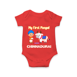 My First Pongal – Kid with Cow Cartoon | Customized Romper for baby - RED - New Born (Chest 14")