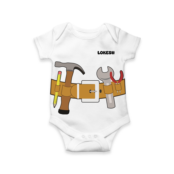 Little Builder Romper | Personalized Baby Romper with Tool Set Design - WHITE - New Born (Chest 14")