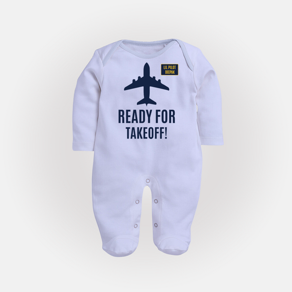 Personalized Ready for Takeoff Sleep Suit | Custom Sleep Suit for Your Little Aviator - BABY BLUE - New Born (Chest 7.5")
