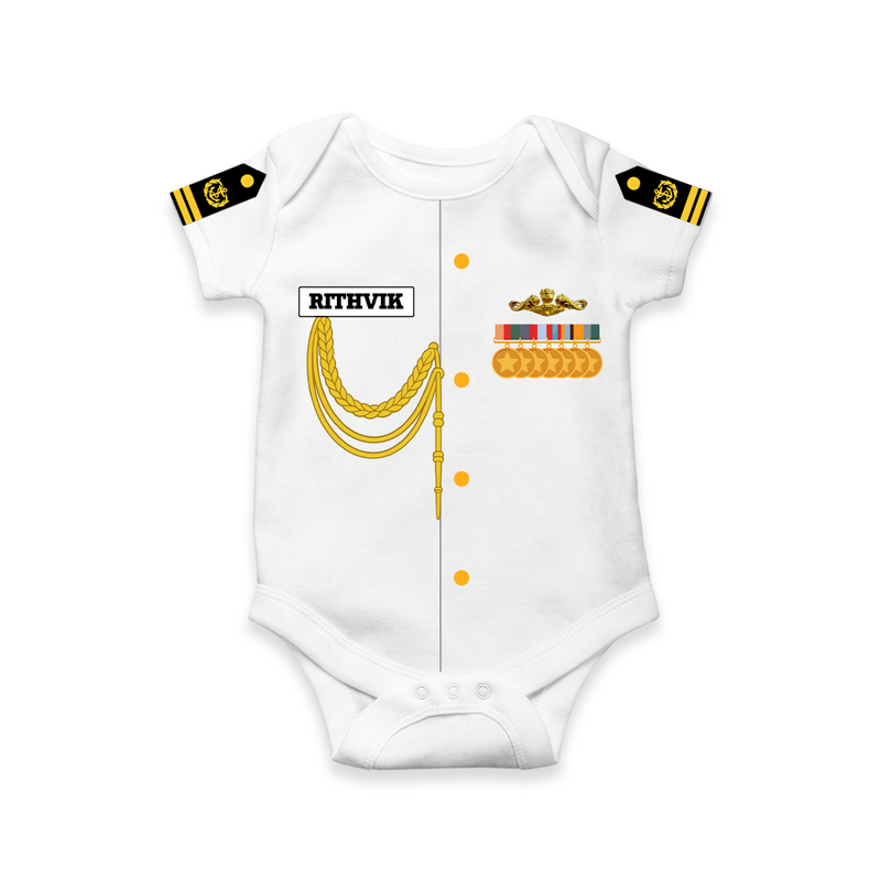 Personalized Navy Officer Baby Romper | Cute Navy Uniform Design with Name, Medals And Shoulder Epaulettes