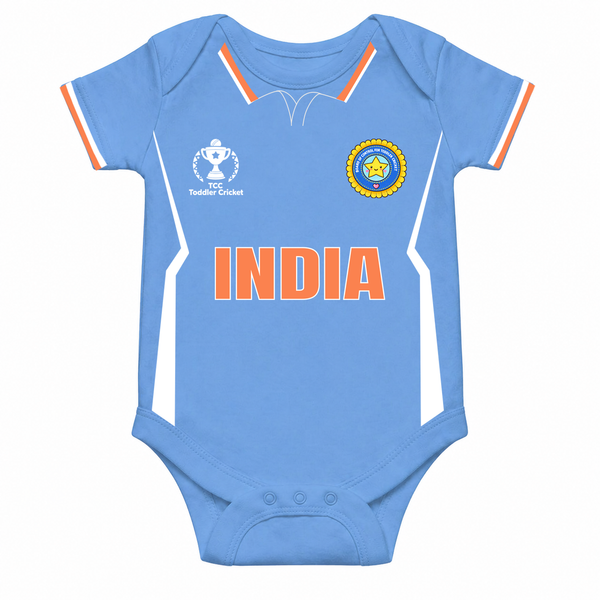India Inspired Baby Cricket Polo Romper – Light Blue Edition