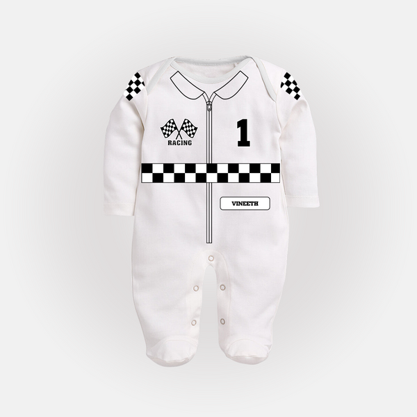 Personalized Little Racer Sleep Suit | Custom Sleep Suit for Your Future Driver - WHITE - New Born (Chest 7.5")