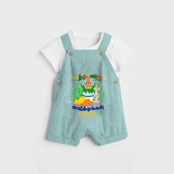 "Step into vibrant hues with our "Puthandu Vibes" Customised Kids Dungaree - AQUA GREEN - 0 - 3 Months Old (Chest 17")