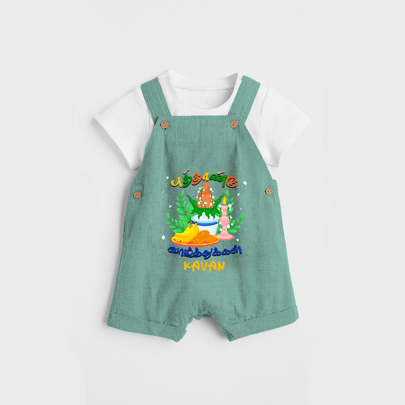 "Step into vibrant hues with our "Puthandu Vibes" Customised Kids Dungaree - LIGHT GREEN - 0 - 3 Months Old (Chest 17")