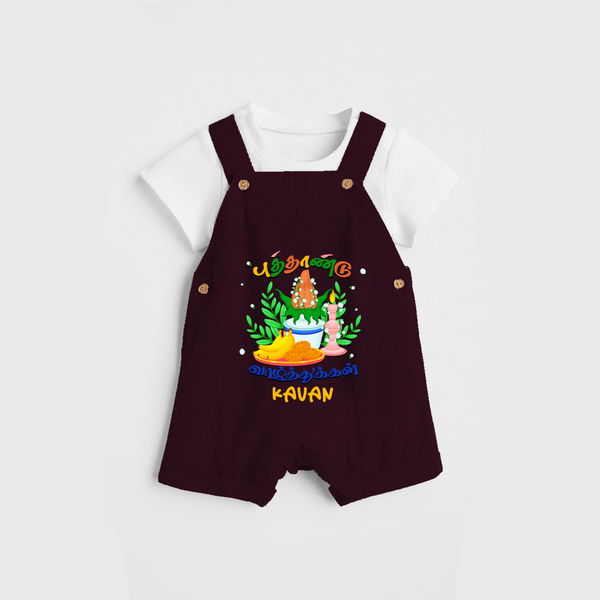 "Step into vibrant hues with our "Puthandu Vibes" Customised Kids Dungaree - MAROON - 0 - 3 Months Old (Chest 17")